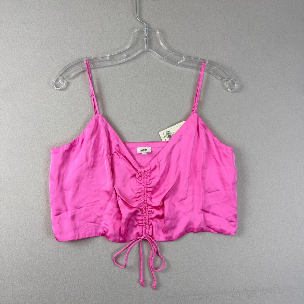 Aerie Womens Hot Pink Satin Ruched Front Cami Crop Top NWT Size M